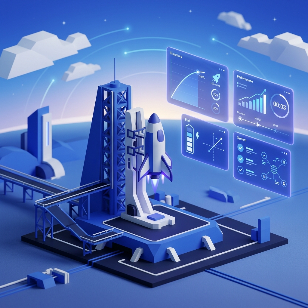 GEO対策をスタートするイメージ — ロケット発射台とダッシュボード