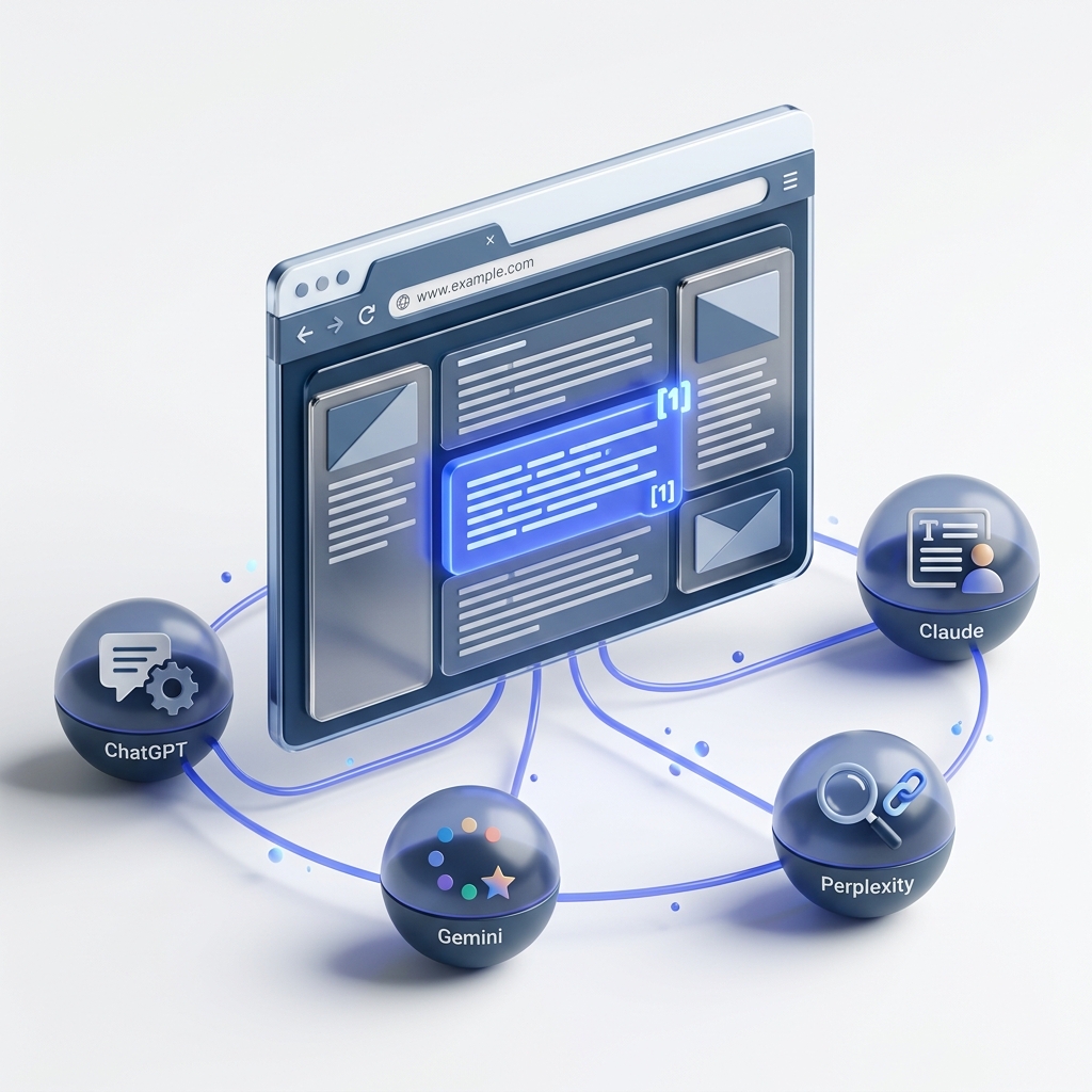 GEO（Generative Engine Optimization）の概念図 — AIエンジンとWebサイトの接続を示すイラスト